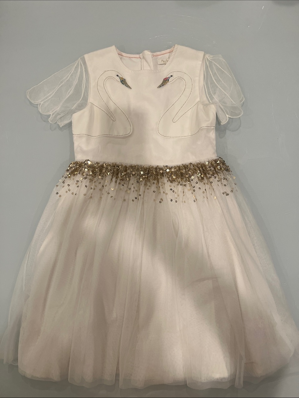 Mini Boden Swan 🦢 Embroidered Tulle Party Dress - White & Gold